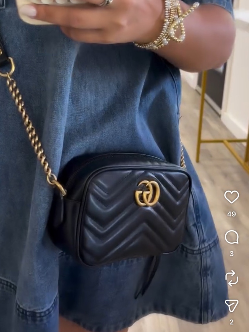 Gucci Black Leather Chevron Matelassé Crossbody with Gold GG - Picture 12 of 17
